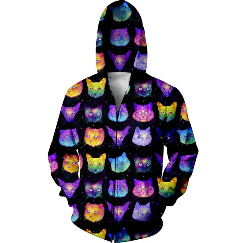 Zipper Hoody 3D Print Hoodies Men Colorful Cats Graphic Tops Homme