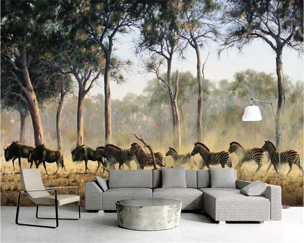 

Beibehang Custom wallpaper Zebra animal decoration on nordic hand drawn prairie painted TV sofa background wall 3d wallpaper