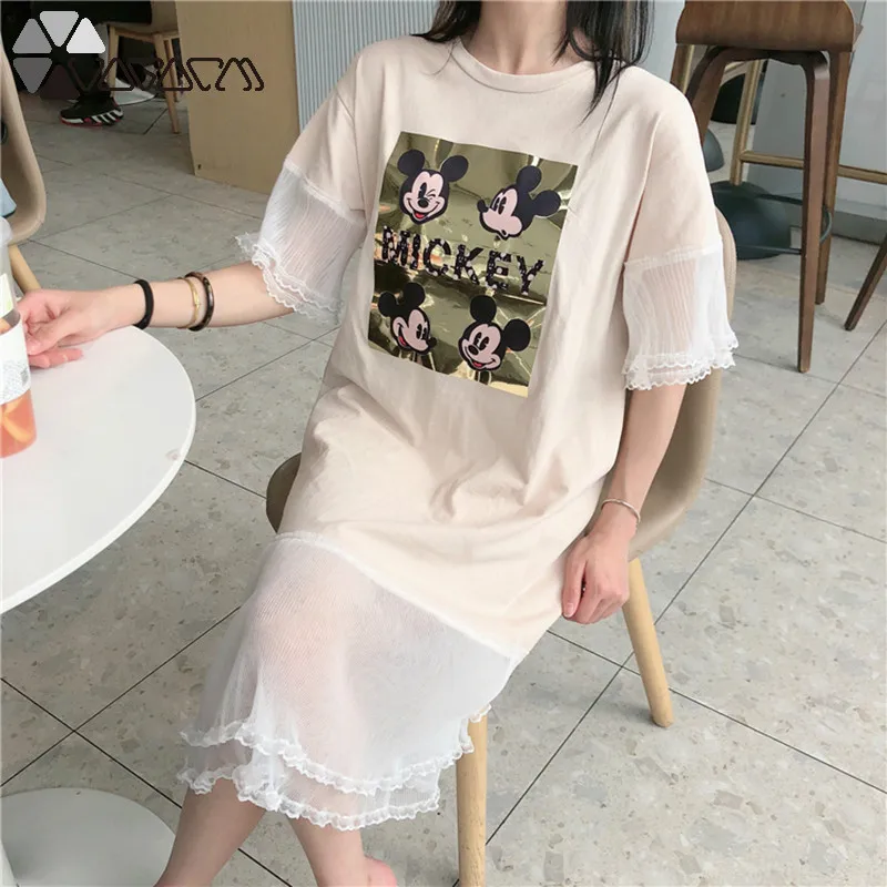 

2019 Summer Dress For Womens Mesh Flare Sleeve Femme Leisure Midi Dress Vestidos De Verano Cartoon Mickey Mouse Women Dresses