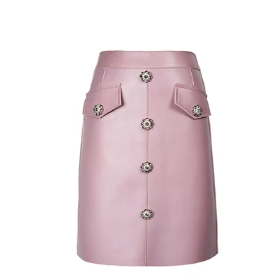 RYS9437 женская элегантная длинная юбка трапециевидной формы из натуральной кожи, стразы, высокая талия, Женская двубортная розовая макси юбка - Цвет: Фуксия