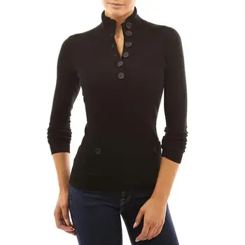 

Women V Neck Buttons Long Sleeve Turn Down Collar Slim Solid Color Sweater Top new