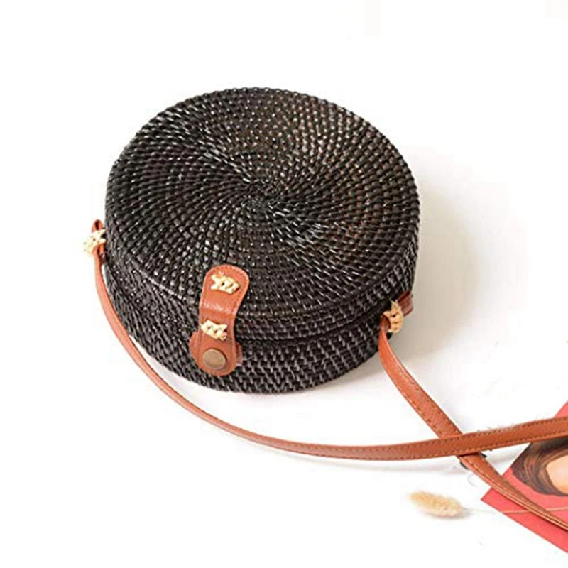 

FGGS-Rattan Bag Vintage Straw Purse Hand Woven Round Straw Crossbody Bag With Interlocking Clasp, Black (Interlocking Clasp)
