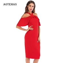 Осенне-летнее женское платье, сексуальное повседневное красное платье с рюшами, вечернее платье с бретельками, женское винтажное Формальное облегающее платье-карандаш, Vestidos