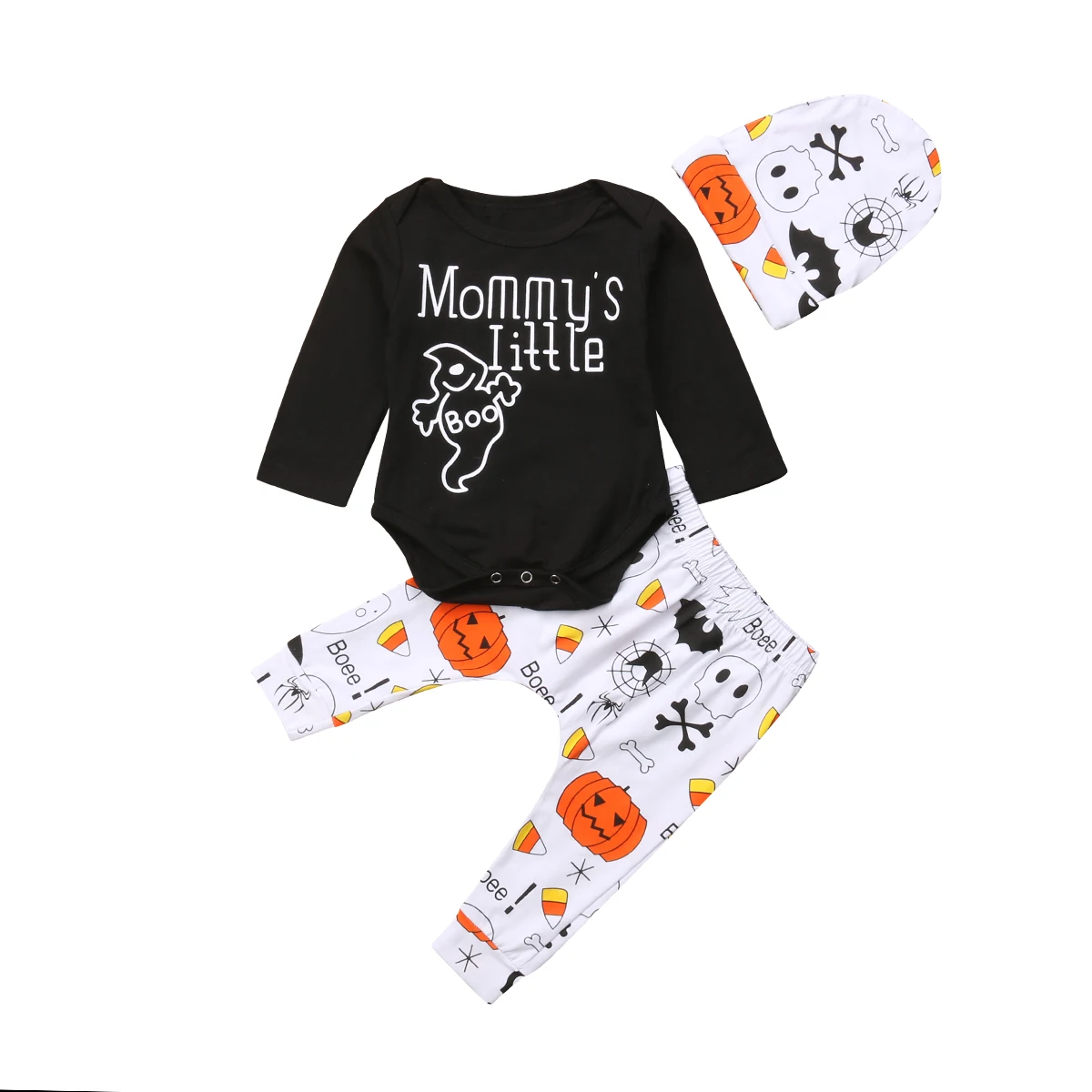 

Fashion 3pcs Halloween New Infant Baby Boys Girl BOO Print Romper Tops+Pants Hats Outfits