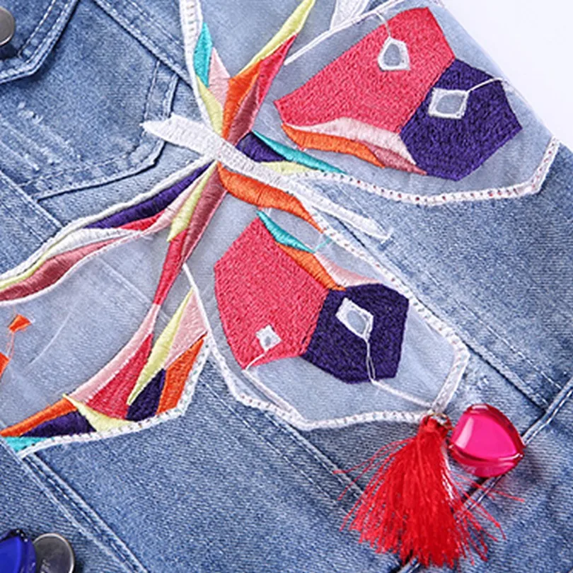 New  Colorful Butterfly Embroidery denim jacket women spring autumn fashion coat female jacket Tassel Sh