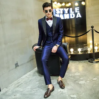 

New polyester single button stripe Groom suit host costume men's bright color Slim men's suit suit three-piece