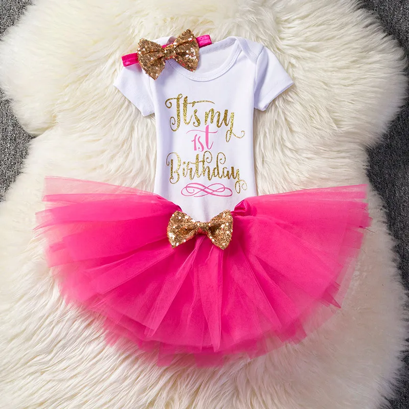 1 Year Baby Girl Birthday Dress Kids Baby Clothes Gold Bow 6 Months 1st 2nd Birthday Christening Dresses For Girls Party Wear