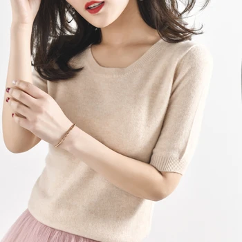 

LHZSYY Spring New Women' Pure Cashmere Sweater O Neck Solid Color High-end T-shirt Summer Short-sleeved Knit Wild Pullover shirt