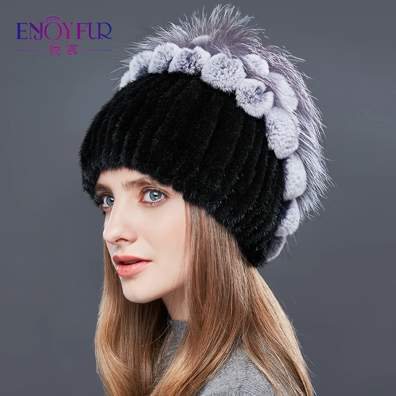 

ENJOYFUR Real Mink Fur Winter Hats For Women Patchwork Rex Rabbit Fur Hat Female Tree-Type Rhinestones Warm Beanies Elegant