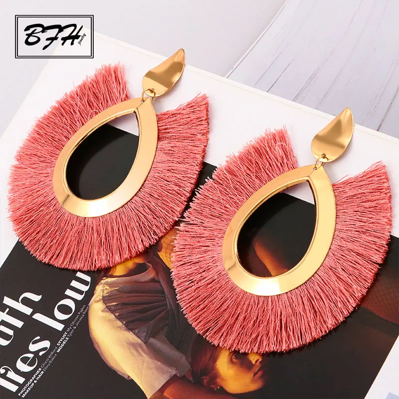 BFH Bohemian Big Drop Earrings for Women Lady Female Fringe Handmade Brincos Large Fashion Woman Tassel Earring Jewelry - Окраска металла: Pink