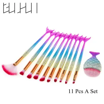 

11 Pcs New Professional Fashion Mermaid Tail Makeup Brush Set Foundation Concealer Eyeshadow Contour Lip Cosmetic Brushes Set
