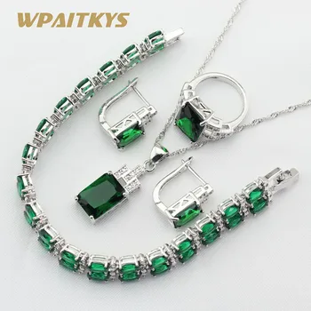 

Silver Color Jewelry Sets For Women Green Crystal 4PCS Bracelets Necklace Pendant Hoop Earrings Rings Free Gift Box