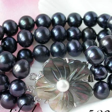Z1849 3 strands 11 мм круглый таити черный жемчуг пресноводных браслет корпус благородный стиль естественно прекрасно jewe быстрая