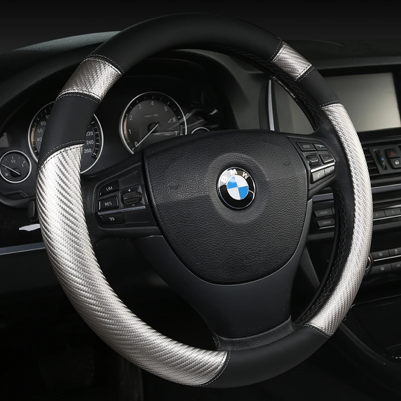 

KKYSYELVA Black Car Steering Wheel Cover Leather Steering Covers Auto Steering-wheels Car Interior Accessories