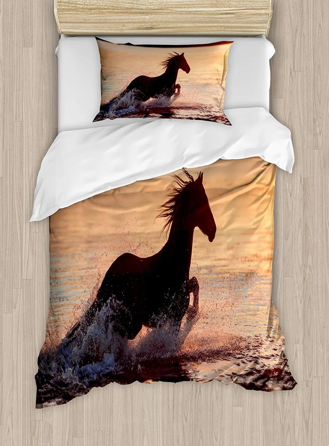 

Equestrian Duvet Cover Set Horse Sea at Sunset Time Horizon Speed Exotic Nature Animal Picture Art Decorative 4pcs Bedding Set