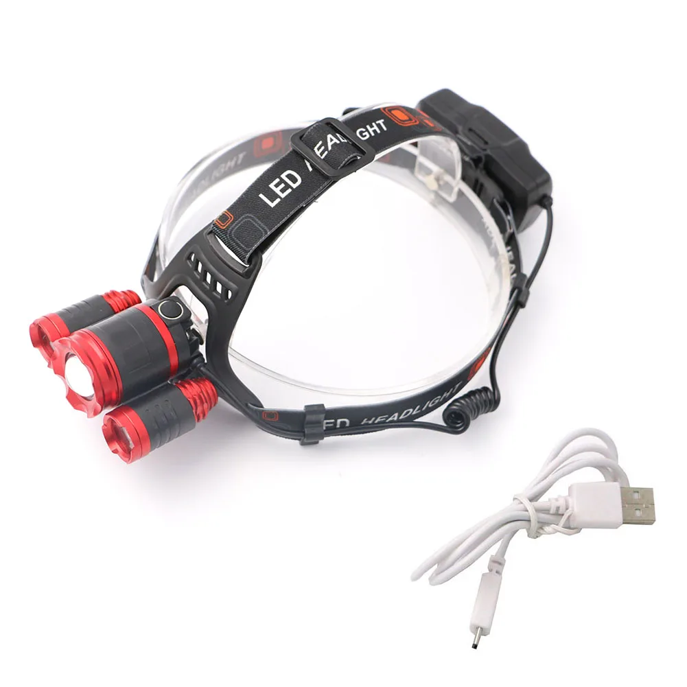 Головной Светодиодный фонарь с зарядкой через USB 4 режима 1 * XM L T6 + 2 R2
