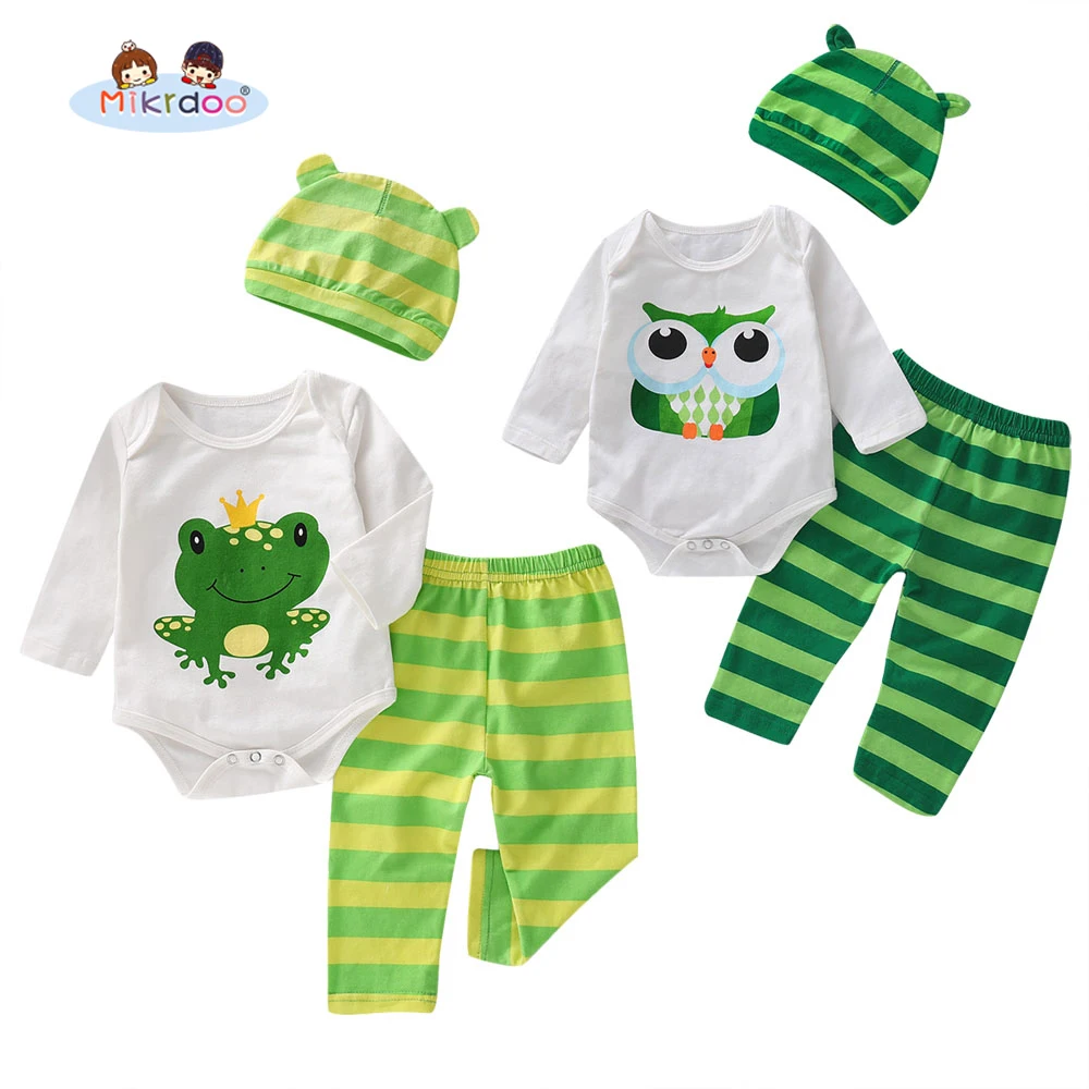 

Toddler Newborn Baby Boys Cute Clothes Set Cartoon Animal Print Long Sleeve Romper Striped Pant Hat 3PCS Outfit