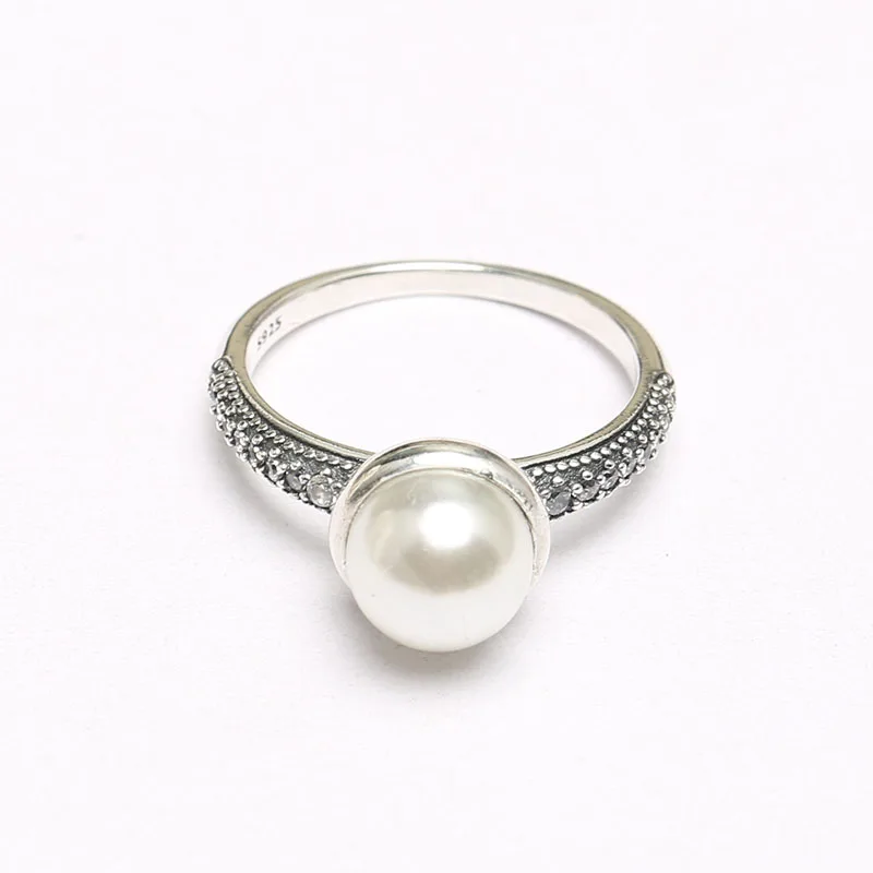 

Genuine 925 Sterling Silver Elegant White Pearl CZ Ring Compatible For Women Engagement Wedding Gift Europe Jewelry