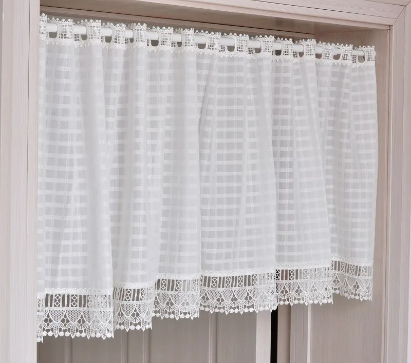 Envío Gratis blanco a cuadros cortina corta de encaje cortinas de gasa