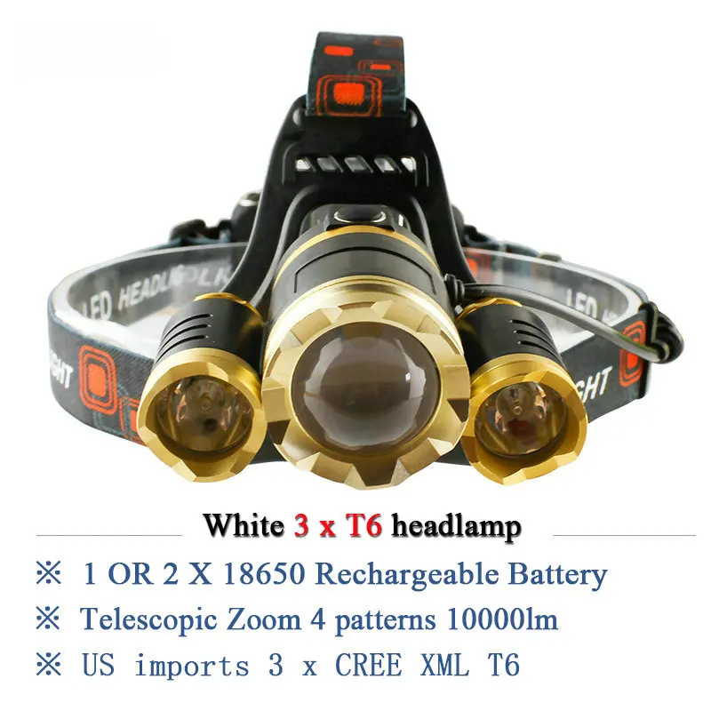 3T6 перезаряжаемый налобный фонарь led 8000 Люмен cree xml t6 Водонепроницаемые фары 18650