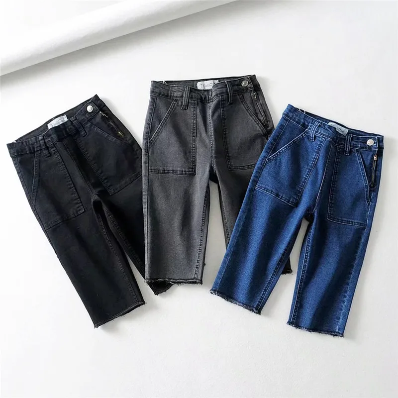 Летние женские джинсы с высокой талией, синие обтягивающие джинсы средней длины, женские серые бриджи с заусенцами, Стрейчевые обтягивающие джинсы