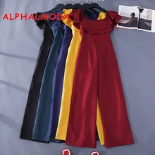 ALPHALMODA, летние комбинезоны с оборками, одноцветные, с вырезом лодочкой, с высокой талией, широкие, женские комбинезоны, модные комбинезоны