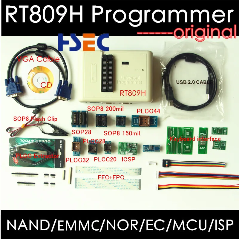 

Free shipping Newest Universal RT809H EMMC-Nand FLASH Programmer+20 Items SOP8 flash Adapter EMMC-NAND NOR better than RT809F