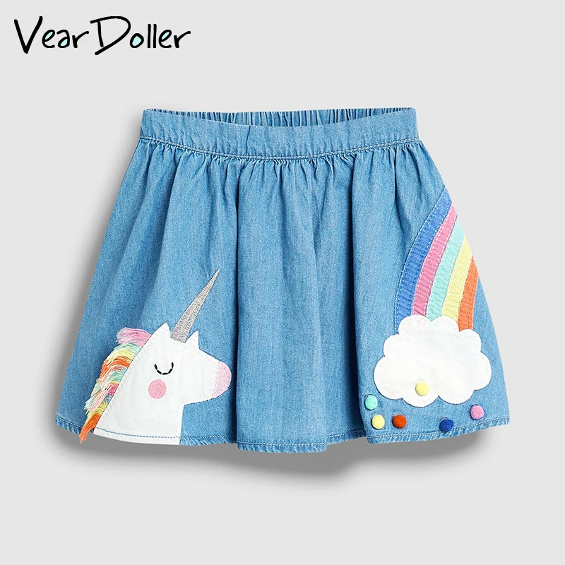 

VearDoller Girls Skirts 2019 Summer European and Style Children's Clothing Cute Cartoon Unicorn Rainbow Pattern Girl Denim Skirt