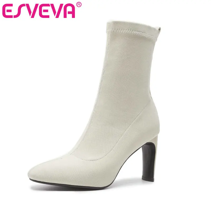 

ESVEVA 2020 Square High Heel Women Shoes Leather+PU Ankle Boots Motorcycle Fashion Elegant Pointed Toe Boots Size 34-39