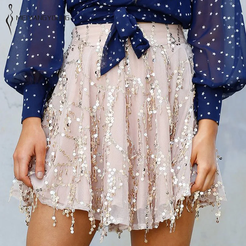 

Women summer sexy mini tassel elastic gold sequin skirt office lady spring black fringed sequined bottoming skirt fashion 2019