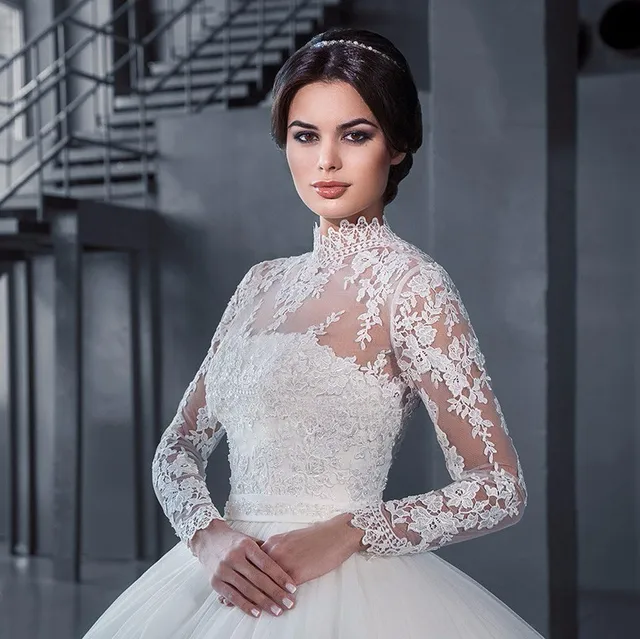 robe de mariage alta princesa vestido de novia de cuello pura manga