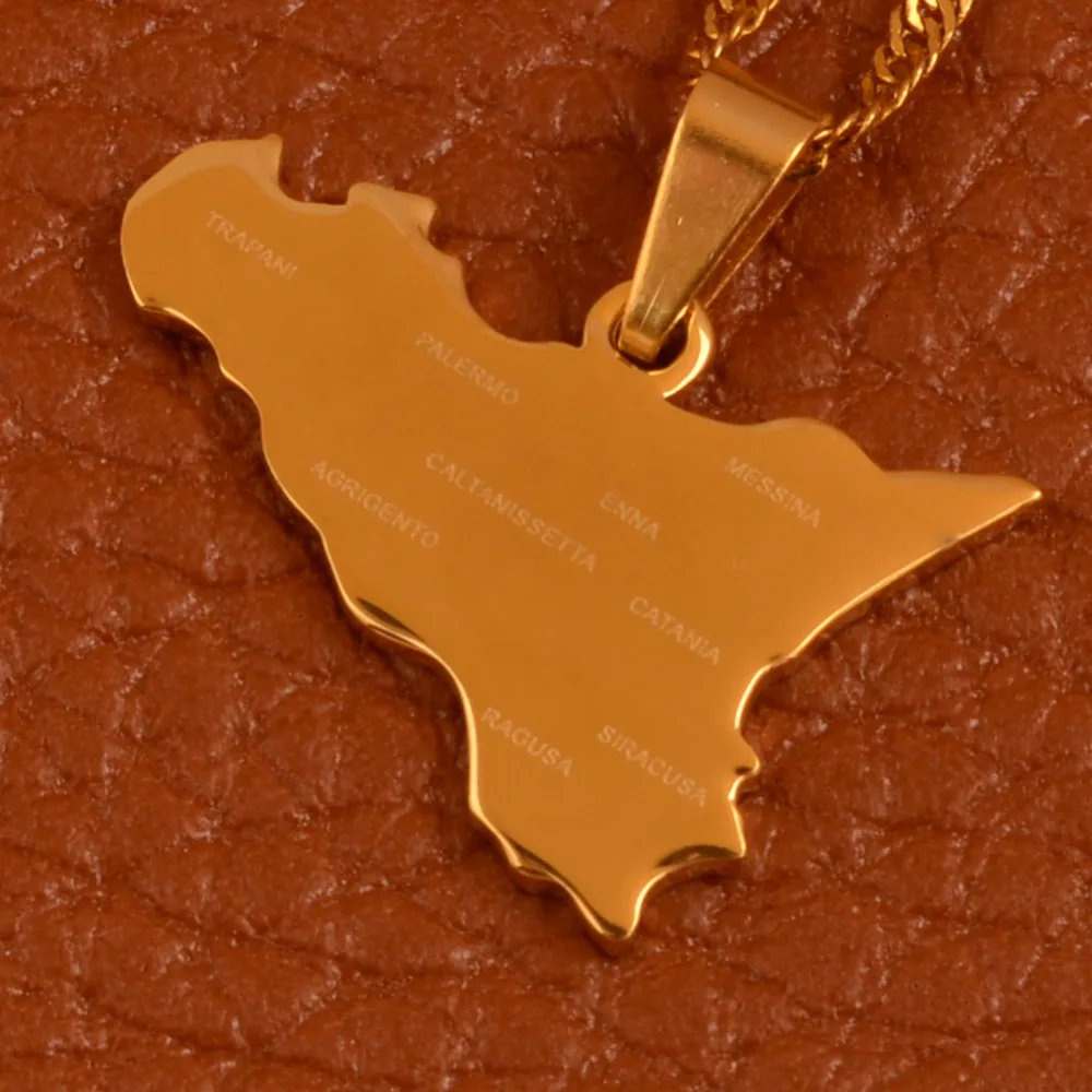 Золото Цвет карта Италии Сицилии кулон ожерелья с название города итальянский Sicilia Jewelry подарки# J0628