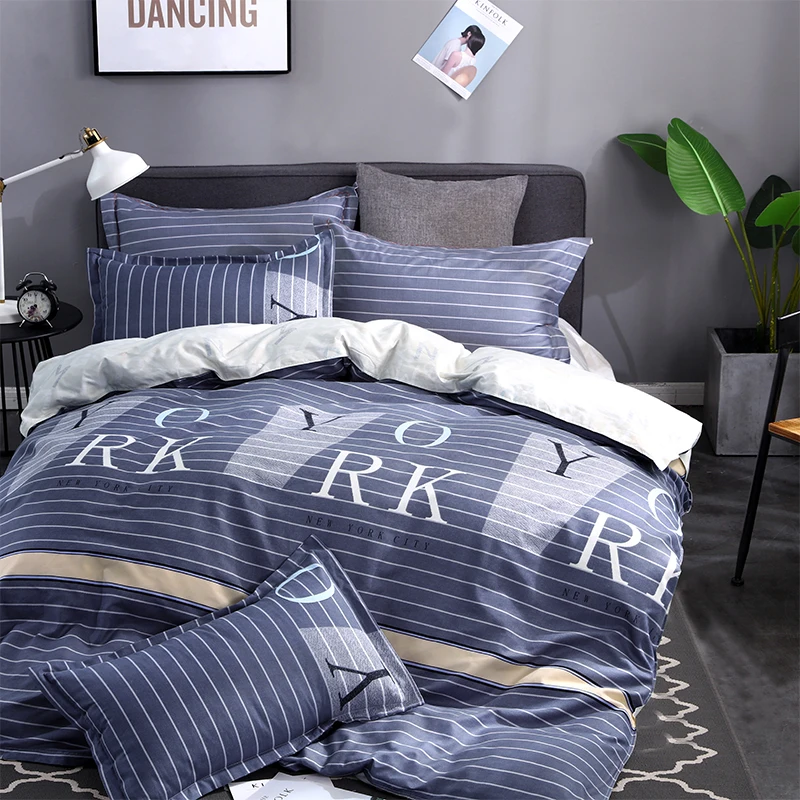 

Blue White Striped Letter Pattern Bedding Sets Polyester Fabric Set Reactive Printing Hot Sale Comforter Bed Set Queen Full Size