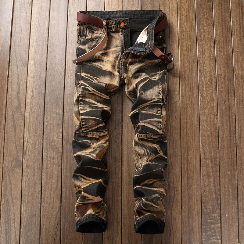 Fashion High Quality Retro Men Gold Painting Jeans Coated Slim Straight Pleated Biker Jeans Pants Male Denim Casual Pants 42 4