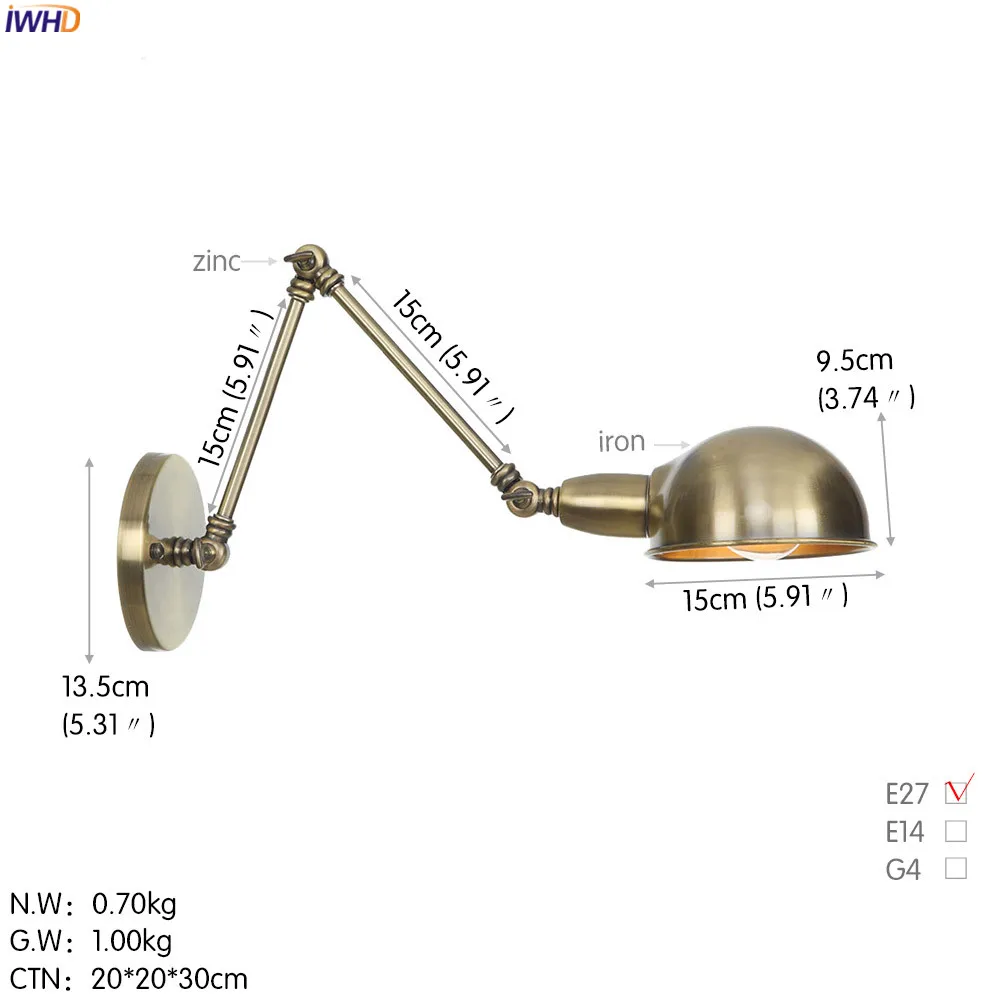 IWHD деревенском стиле ретро светодиодный Винтаж настенный светильник Ванная комната Спальня промышленные распашные длинные руки Ретро