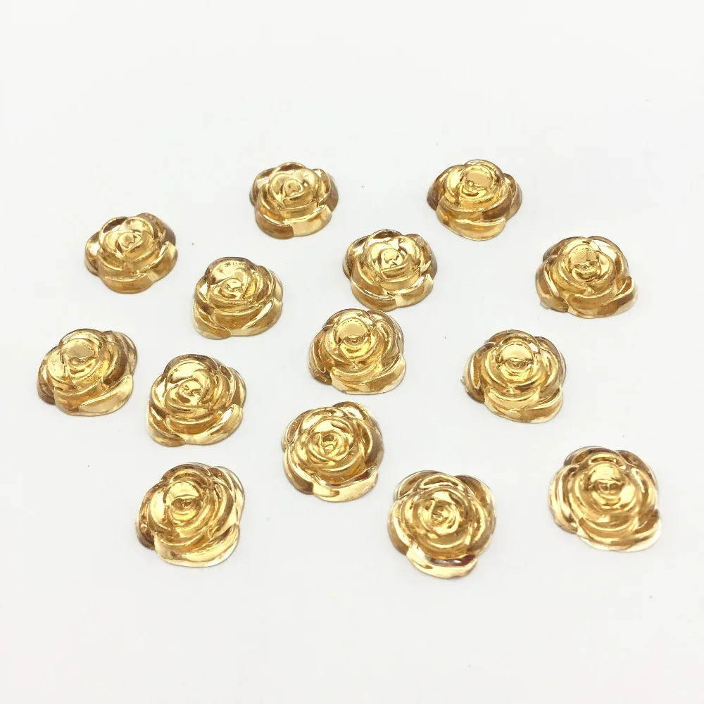100pcs Gold Rose Flower With Silver Plated Gems Flatbacks Embellishments DIY Christmas Cabochons
