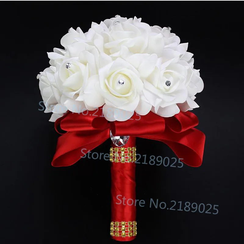 Лучшие дешевые свадебные украшения для подружки невесты белые поролоновые розы свадебный букет Свадебный букет Золотая лента - Цвет: 26