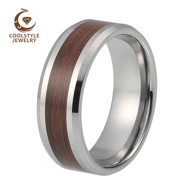 tungsten carbide 8mm wedding band ring for him or her beveled edges with burgundy wood laminate - Wedding Ring For Him tungsten carbide 8mm wedding band ring for him or her beveled edges with burgundy wood laminate - Wedding Ring For Him