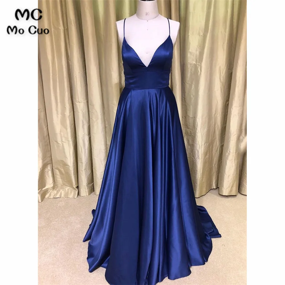 Simple v neck satin long prom dress, evening dress (4)