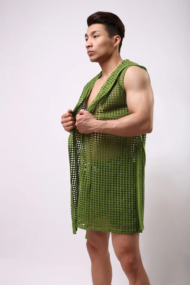 2017 Fashion HOT Men Robes Bathrobe Brand Sexy Fishnet See Inner Men Long Robe Sleepwear Mesh Hoodie Sleep Lounge Size S M L red and black plaid pajama pants