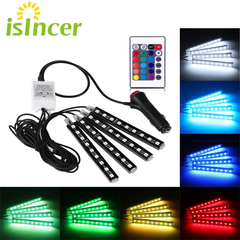 ISincer автомобильные RGB Светодиодные полосы 4*9 шт SMD 5050 10 Вт Автомобильные декоративные атмосферные полосы, автомобильный напольный светильник с дистанционным управлением