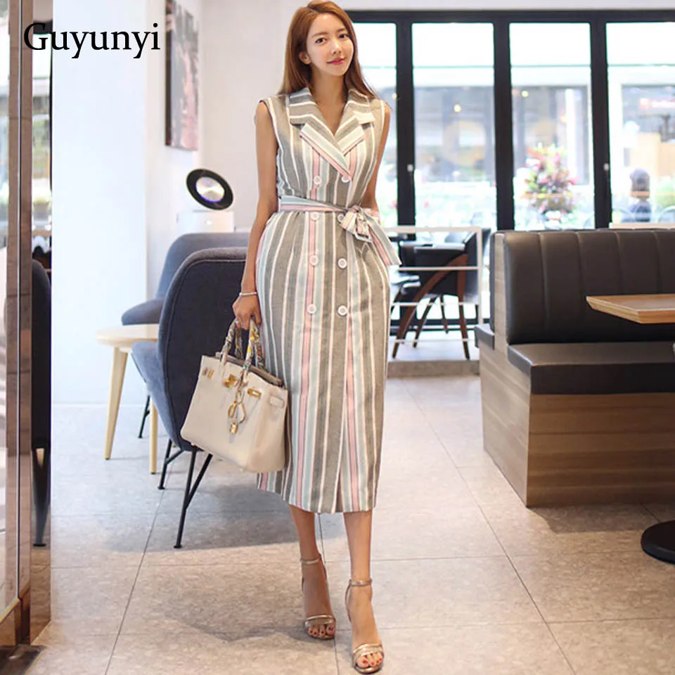 

Striped Elegant Office Lady Dress 2019 Autumn Winter Notched Neck Double-breasted Waist Belt Warm Party Dress Women