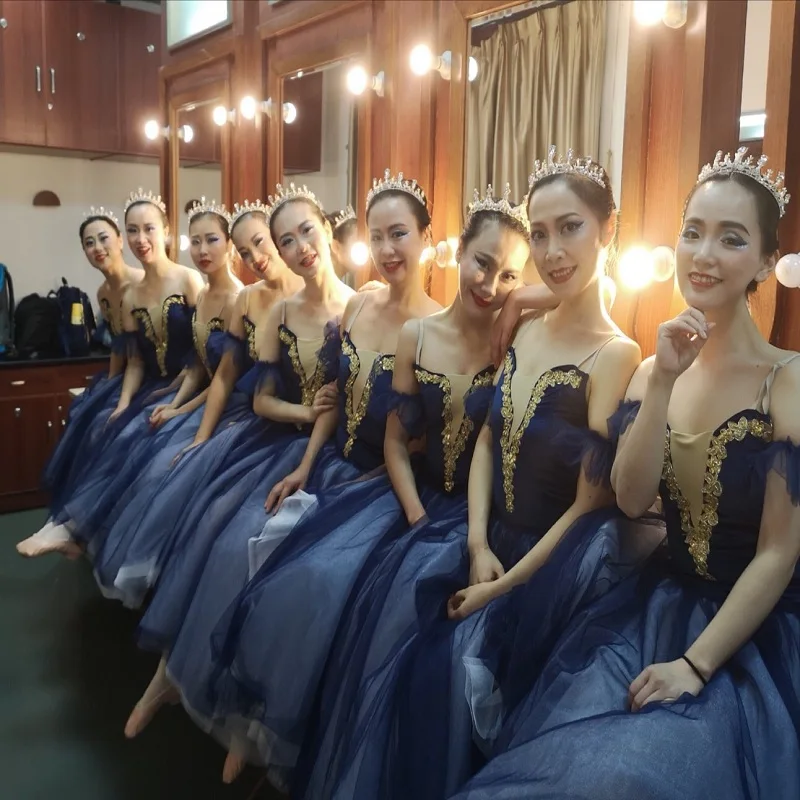 

Dark Blue Camisole Ballet Dress Girls Long Ballet Dance Tutu with Soft Tulle Arm Bands Performance Costume Leotard Dress 19070