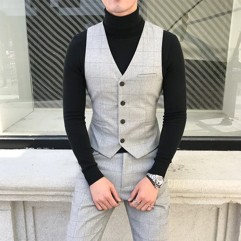 Plaid Vests For Men Slim Fit Mens Suit Vest Male Waistcoat Gilet Homme Casual Sleeveless Formal Business Formal Dress Plus size