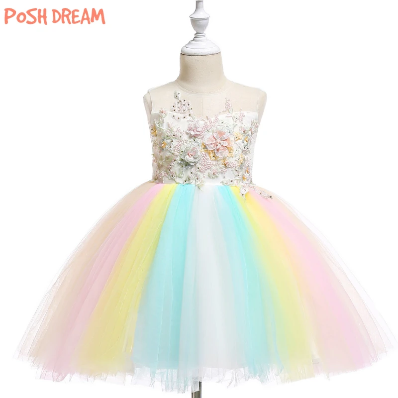 

POSH DREAM Unicorn children Girls party dress flower petals rainbow unicorn cosplay kids girls clothes cartoon children costume