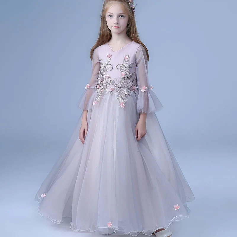 

Girls Ball Gown lace Dress Embroidery baby girls wedding dress girl long dress kids long sleeved party clothing