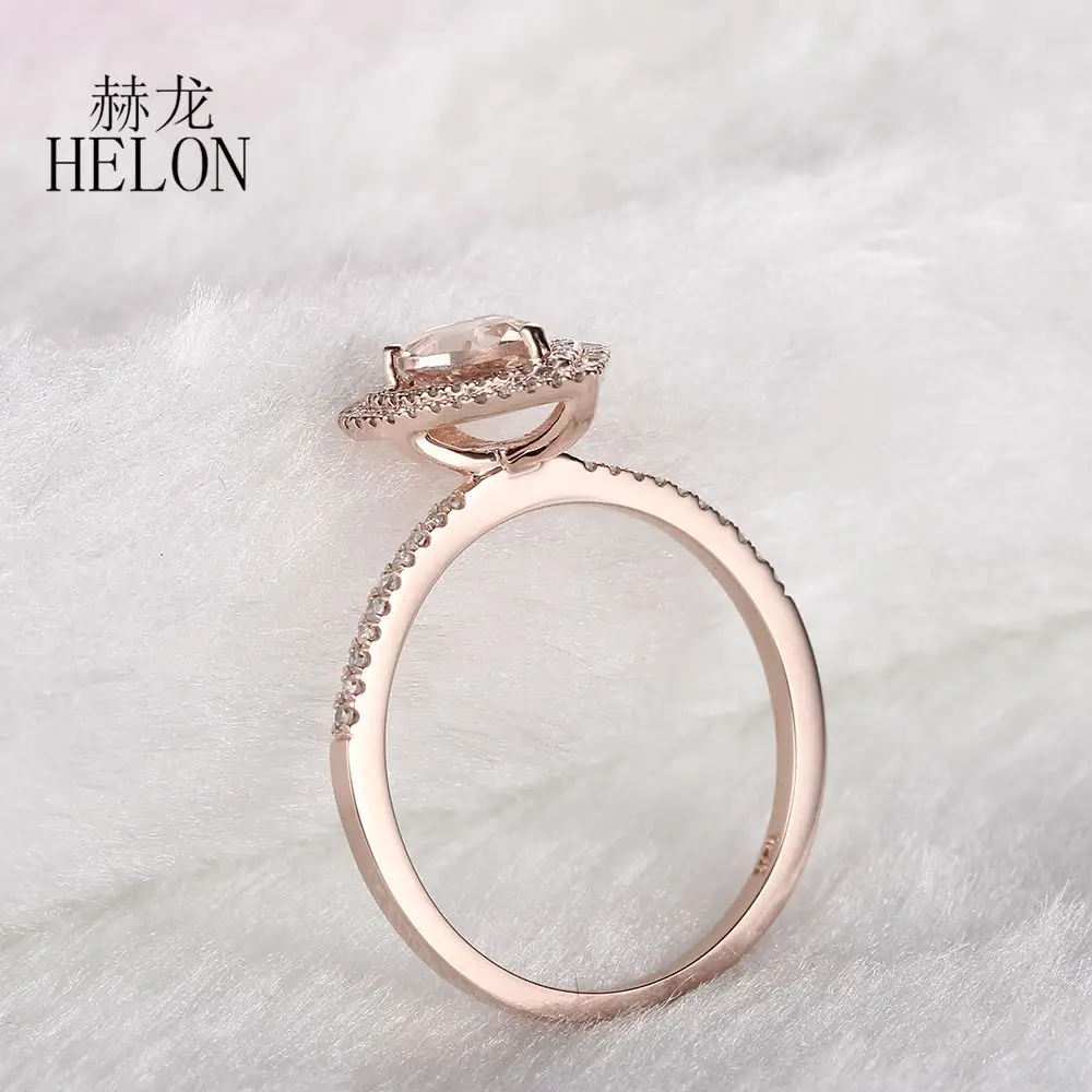 HELON Solid 14k Rose Gold Two Halos Natural Diamonds Engagement Wedding Ring 5x7mm Pear Morganite Ring Fine Jewelry Women HELON Solid 14k Rose Gold Two Halos Natural Diamonds Engagement Wedding Ring 5x7mm Pear Morganite Ring Fine Jewelry Women