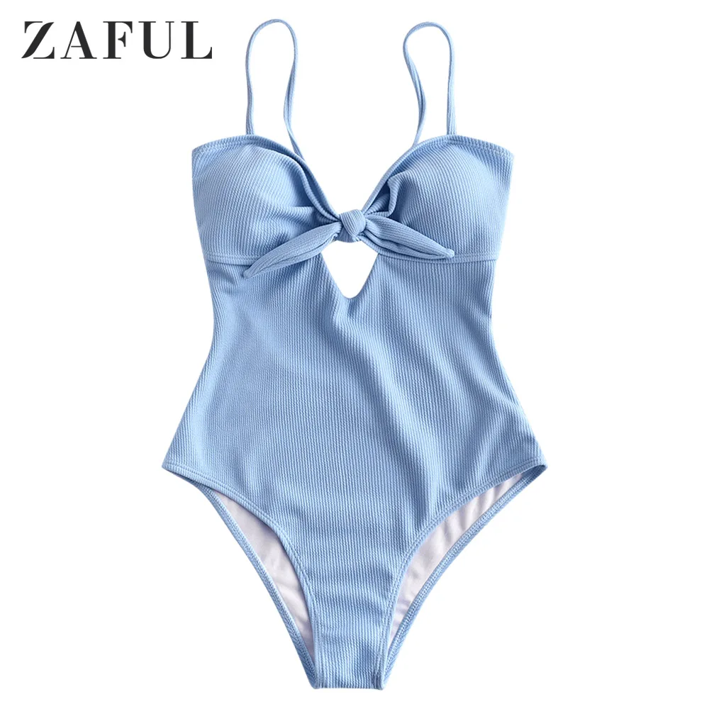 

ZAFUL Ribbed Keyhole Swimsuit Knotted Cami Beachwear Padded Swimsuit Push Up One-Piece Spaghetti Straps Suit