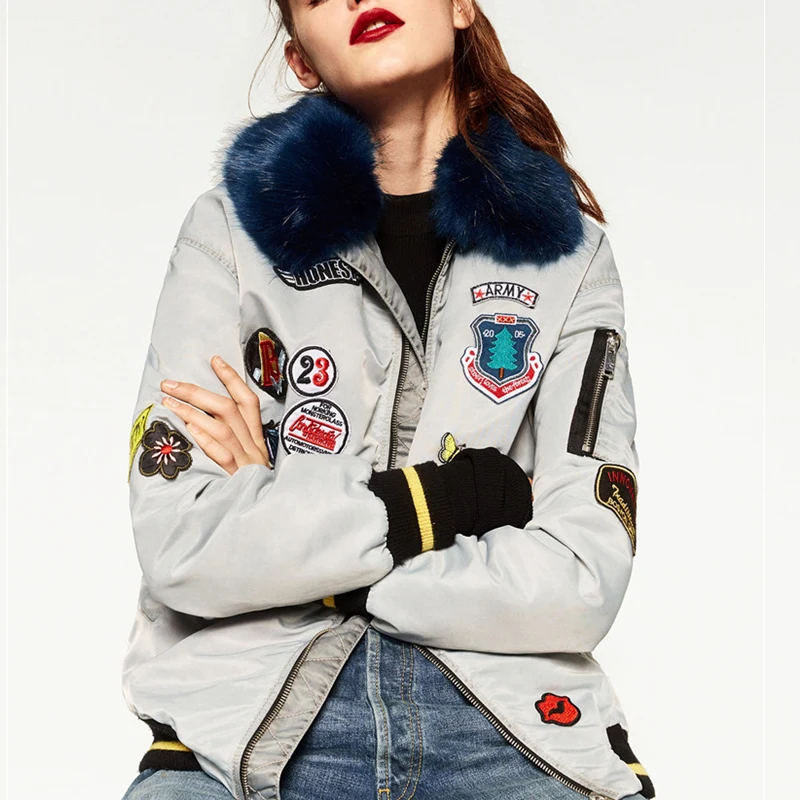Printemps Bomber De Tops Armée Femme gris Militaire Col Coton Hiver Faux Brodé Veste Noir Fourrure Patch vert Vert Argent Outwear Heyouthoney 41Iwq8