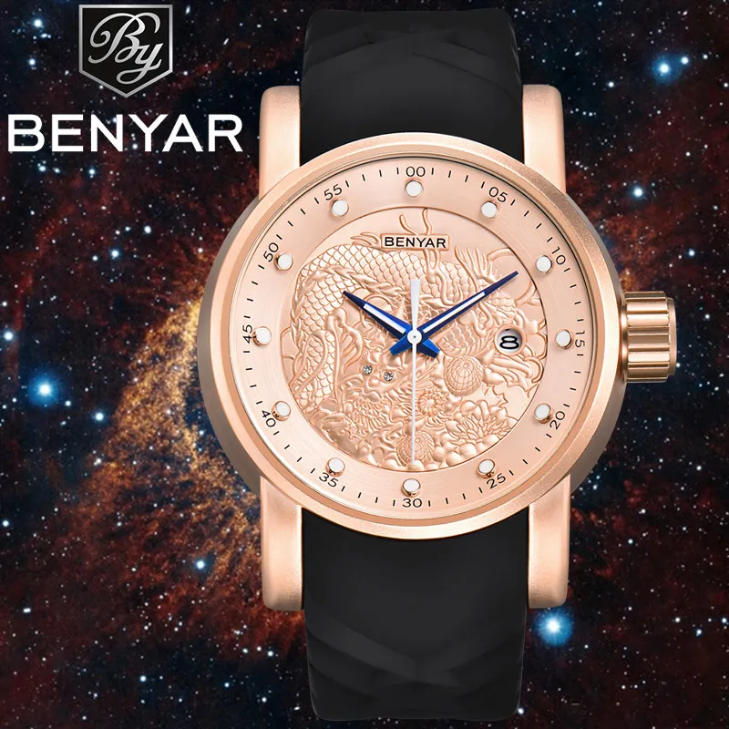 

BENYAR Quartz Waterproof Chinese dragon Dial Full Gold reloj hombre Luxury Silicone Black Strap Men Watch Fashion zegarek meski